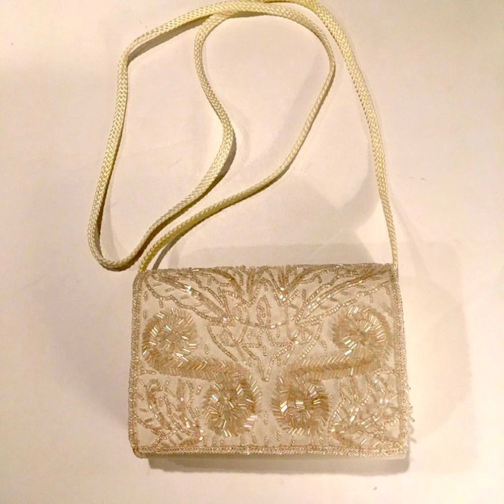 Women’s Silver White Beaded Crossbody Bag Purse by Morgan Taylor